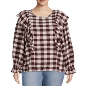 Terra & Sky Womens Ruffle Sleeve Peasant Blouse Size 3X 24W 26W Gingham Top